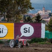 Tracteur devant des bulles « Oui » peintes sur le mur d'un bâtiment (Adrià Costa Rifa)